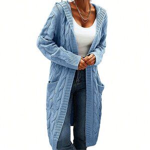 Sky Blue Casual Women's Cable Knit Long Sleeve Hooded Cardigan with Pocket